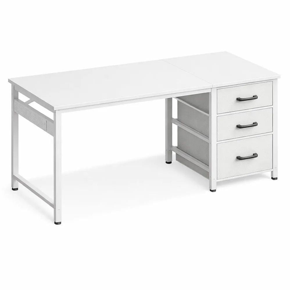 Bureau Compact avec Tiroirs en Tissu et Crochet pour Casque, 100x48cm, Blanc