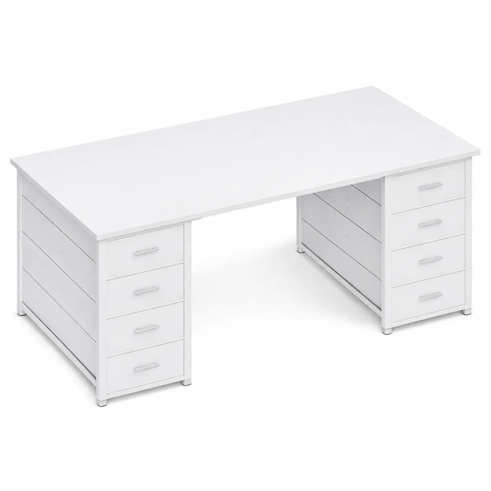 Bureau Blanc avec Rangement et Tiroirs en Tissu, 120x48cm