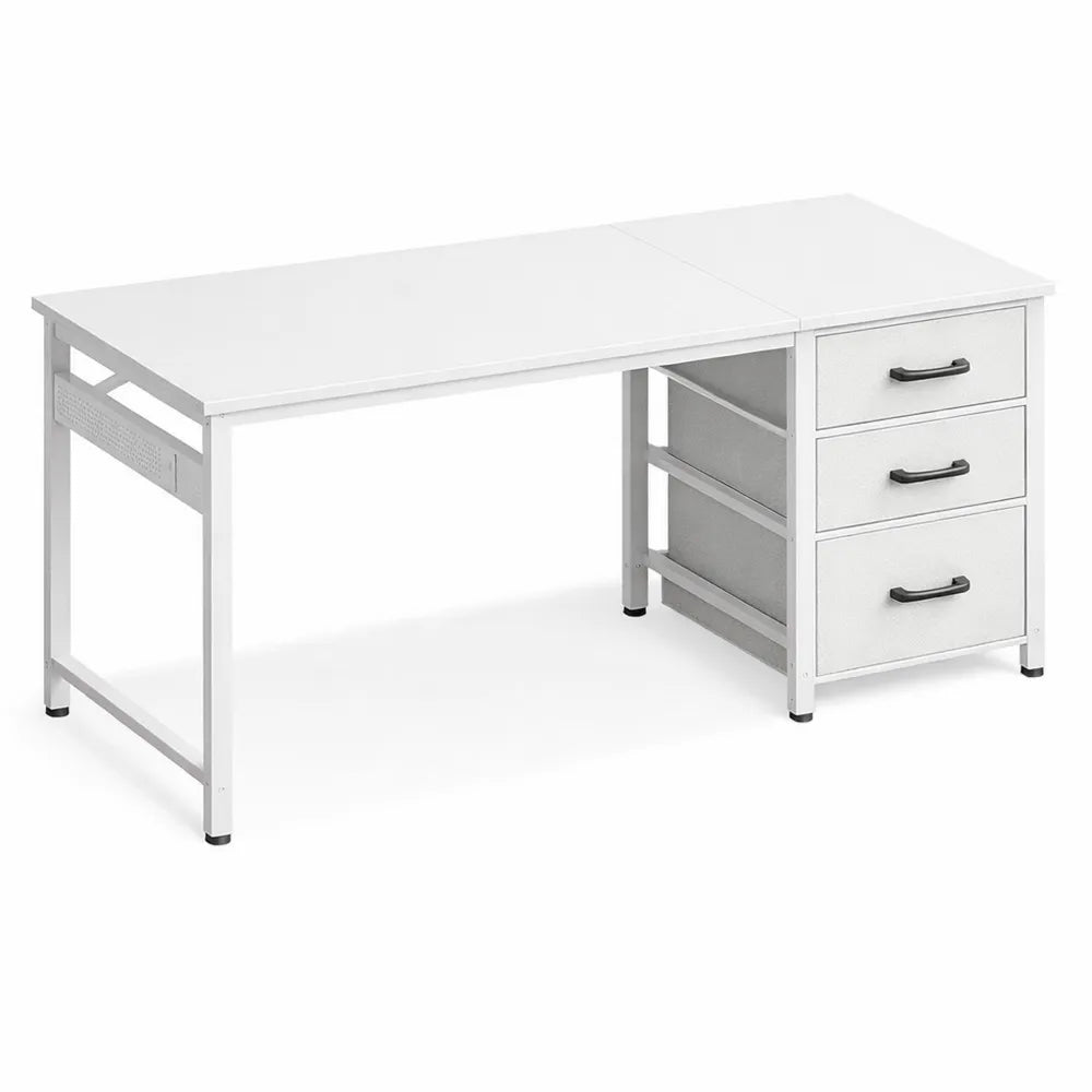 Bureau Compact avec Tiroirs en Tissu et Crochet pour Casque, 100x48cm, Blanc