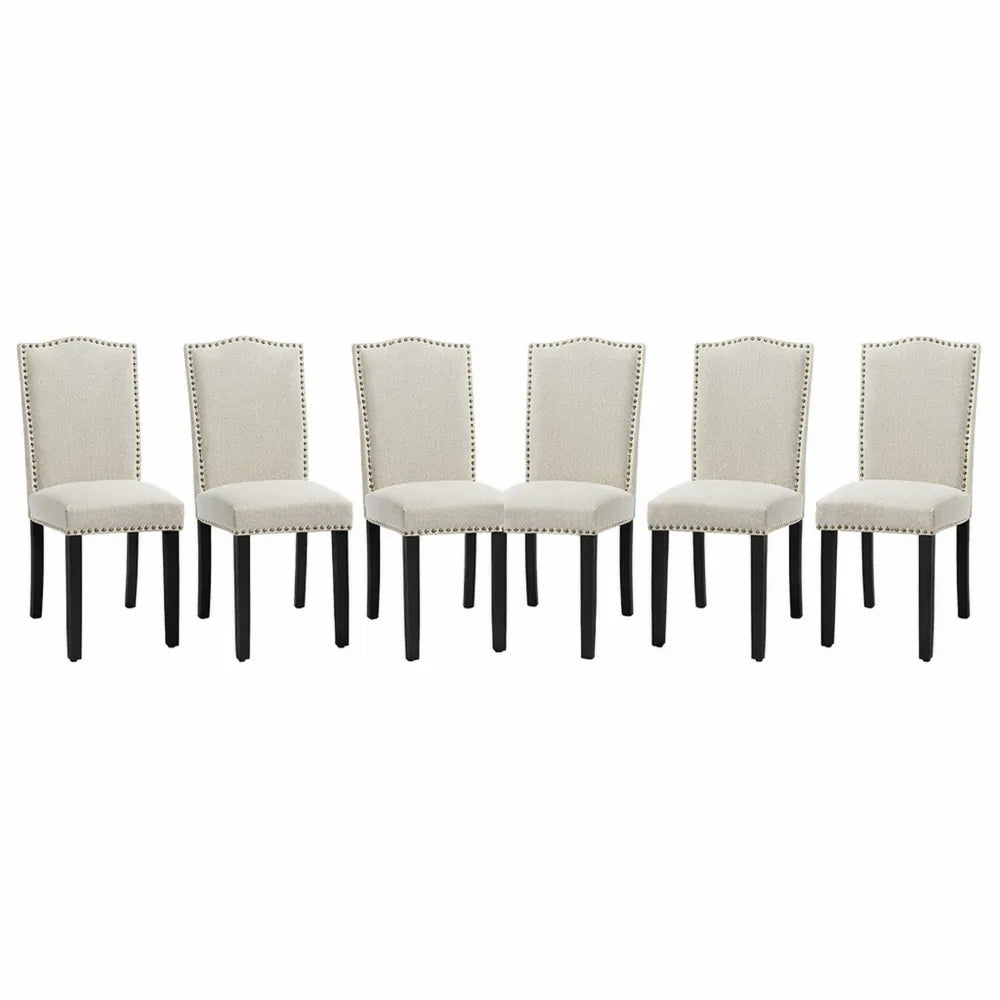 Chaises de Salle à Manger en Tissu avec Haut Dossier et Pieds en Bois, Lot de 6