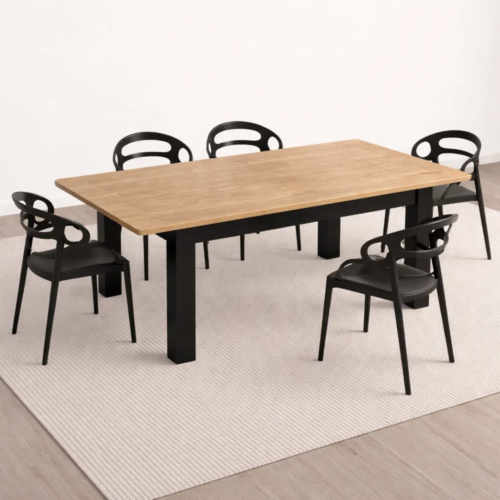Table à manger extensible en chêne rustique et noir, 140-220 x 90 cm