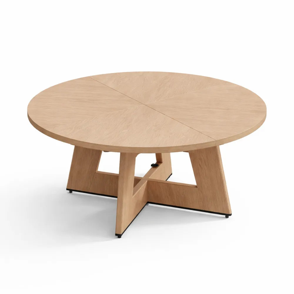 Table ronde 120 cm, pour 4 personnes, bois chêne, base croisée